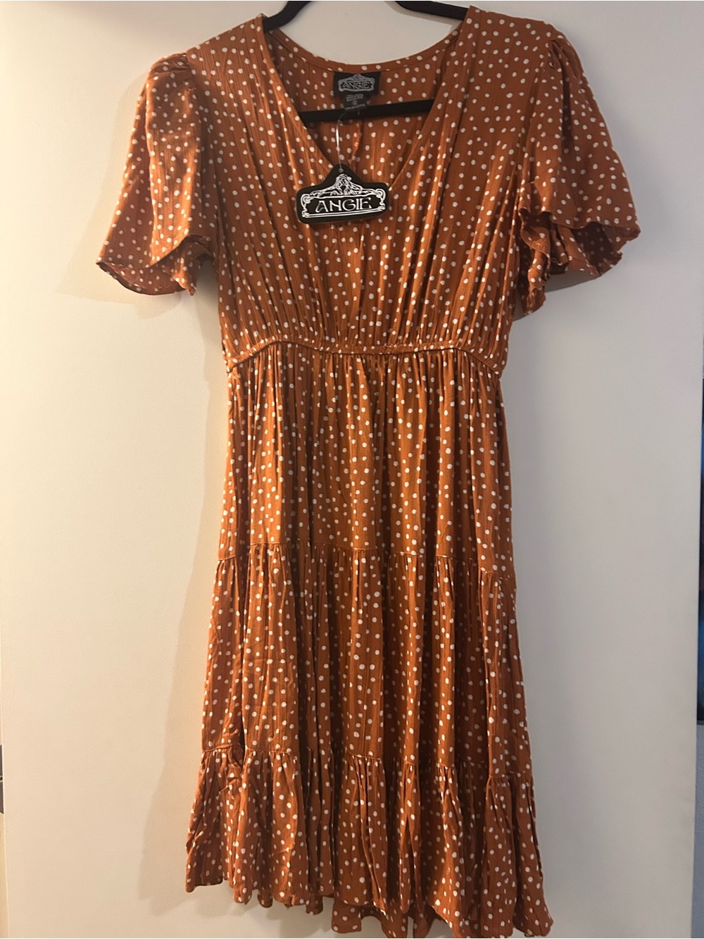 Angie Rust Orange Polka Dot Tiered V-Neck Dress